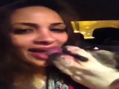 In the car, a pretty MILF gives her dog a passionate kiss.